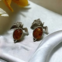 Sterling Silver 925 Bat Design Cognac Color Amber Stud Earrings - £10.25 GBP