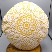 Compass Mandala Crewel Throw Pillow in Sunny Yellow and White, Round Embroidered - £40.20 GBP