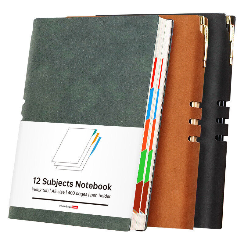 12 Subjects Leather Notebook for School and Work, Color Tabs A5 Size Wide Ruled - $25.64