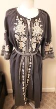 Johnny Was Embroidered Midi Dress Size-L Gray 100% Linen - $197.98