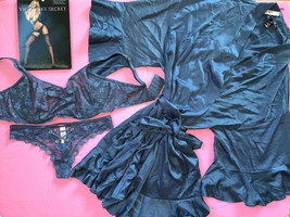 Victoria&#39;s Secret unlined 34DDD,36C BRA SET+M thong+ROBE Eclipse BLUE lace - $138.59