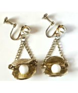 Vintage Gold-tone Open Clam Dangle Screw-back Earrings W/White Glass Beads - $61.40 CAD
