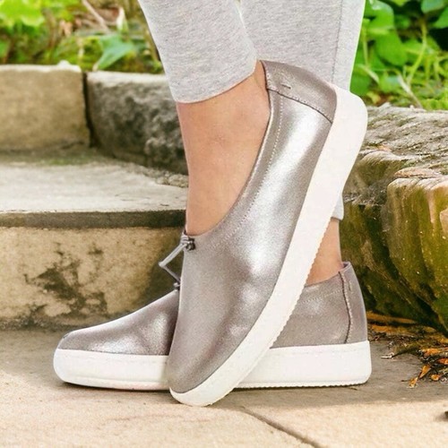 Eileen Fisher Vintage Sydney Metallic Leather Sneakers 7 M Platinum Slip... - $103.26