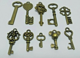 Antique Keys Bronze Skeleton Old Look Vintage Pendant Metal Decorations 10 Pcs - £9.48 GBP