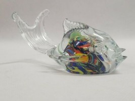 Beautiful Art Glass Fish Paperweight Blues Yellow Red 4 1/2 Inches Long Sweet - £16.01 GBP