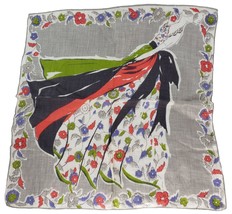 Vintage Linen Handkerchief Floral Dress Woman Silhouette Grey Red Black Purple - £51.84 GBP