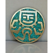 Large Aztec Design Sterling Silver Turquoise Inlaid BROOCH/PENDANT Sky - $95.04