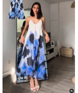 ZARA BNWT 2025. ECRU BLUE TIE DYE RAMIE PRINT DRESS STRAPS. 2787/193/080 - $175.34
