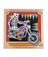 Hand-N-Hand Designs Glazed Tile Blonde Skeleton Motorcycle Rider Trivet ... - £21.22 GBP
