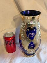 Vintage Bleu Cobalt Bohèmien Tchèque Cristal Vase Fleurs 24kt Doré 10 IN... - $145.48