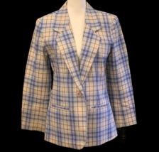 Adolfo Studio Womens Linen Blazer Size 4Petite Blue Tan Plaid Lined Long Sleeve - £13.92 GBP