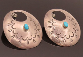 NAVAJO 925 Silver - Vintage Carved Handmade Design &amp; Turquoise Earrings- EG12439 - £87.83 GBP