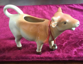 Vintage Ceramics Brown Planter Cow Figurine With Metal Bell Collectible - £7.76 GBP