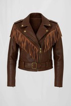 Women&#39;s Brown Leather Fringe Jacket: Vintage Western Biker Style - $204.95
