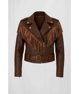 Women's Brown Leather Fringe Jacket: Vintage Western Biker Style - $204.95