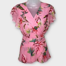NWT SWEET PEA pink tropical floral &amp; bird flutter sleeve wrap blouse Size Medium - £19.11 GBP