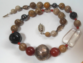 Vintage River Stone, Carnelian, Hematite, Glass, Black Onyx  Bead Necklace 19&quot; - £34.93 GBP