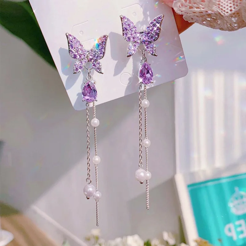 Play Korean Purple Crystal Aerfly Drop Earring For Women New Fashion A Pearl TAe - £23.25 GBP