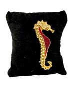 Vintage Seahorse Brooch Gold Tone Red Enamel Clear Rhinestones Pin 2.25&quot;x1&#39; - $25.36 CAD