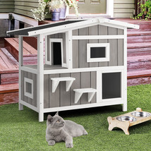 Costway 2-Story Wooden Cat Shelter Outdoor Feral Cat House w/ Escape Door - £181.76 GBP