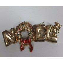 Vintage Christmas Noel With Wreath &amp; Mouse Gold Tone Lapel Hat Pin - £5.00 GBP