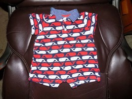 Mud Pie Whale Romper Outfit Red White Blue Beach Summer One Piece Size 6/9 Month - $18.25