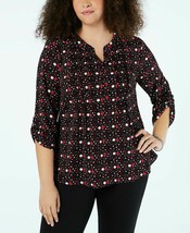 NY Collection Womens Plus Size 1X Black Polka Dot Henley Top Pin Tuck NEW - £13.92 GBP