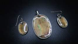 Vintage Iridescent Silver Pendant and Earring Set Signed KC - £9.49 GBP