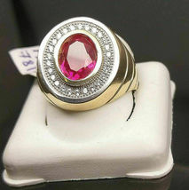 10K Yellow Gold Over Red Ruby &amp; White Diamond, Red, Sizable, Pinky Ring - £89.36 GBP