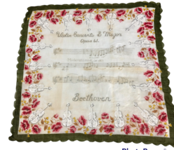 Vintage Hankie Violin Concerto B Major Handkerchief 13X13 Roses Green Edge - £11.22 GBP