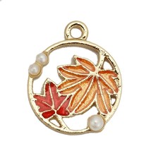 5 Autumn Fall Leaf Leaves Red Orange Gold Round Bead Drops Charms Pendants 18mm - £3.94 GBP