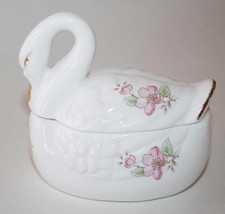 Vintage Lefton Bone China White Pink Floral Swan Trinket Box  #1768 - £9.43 GBP