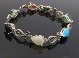 925 Silver - Vintage Mother Of Pearl Carnelian &amp; Onyx Chain Bracelet - BT3809 - £61.10 GBP