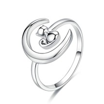 BAMOER Authentic 925 Sterling Silver Moon Cat Open Size Adjustable Finger Rings  - £14.21 GBP