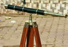 Nautical floor standing brass leather 39 inch telescope with wooden tripod stand - £191.51 GBP