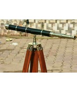 Nautical floor standing brass leather 39 inch telescope with wooden trip... - £188.71 GBP