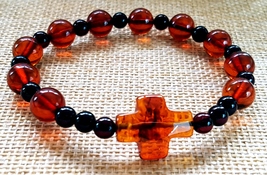 Religious Cross Stretch Rosary Baltic Amber Bracelet / Round Amber/ Unisex - £62.12 GBP