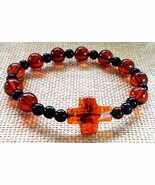 Religious Cross Stretch Rosary Baltic Amber Bracelet / Round Amber/ Unisex - $107.51 CAD