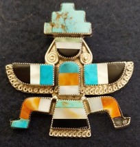 Antique Native American Zuni Turquoise Jet Spiny Knife Wing Sterling Brooch/Pin - £187.29 GBP