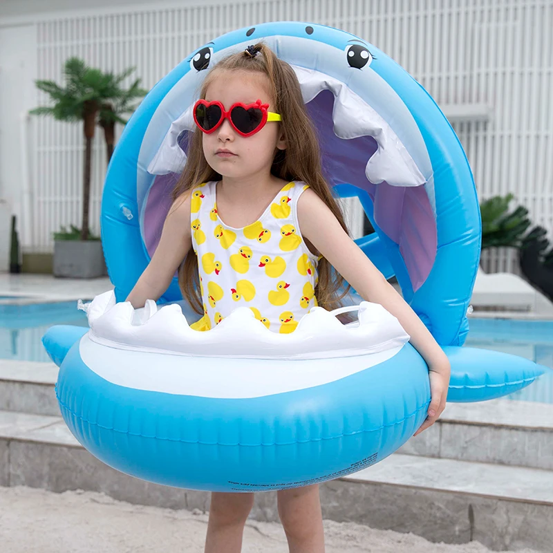 0-3 Y Baby Inflatable Cartoon Pool Float with Sunshade Ride-On Swimming Ring - £22.65 GBP+