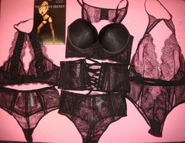 Victoria&#39;s Secret high-neck 34C,36C Bra Set+Bralette+Cincher+M Teddy Black Lace - £174.09 GBP