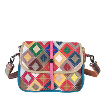 Colorful Cowhide Women&#39;s Bag Rhombic Colorblock Genuine Leather Shoulder Crossbo - $71.00