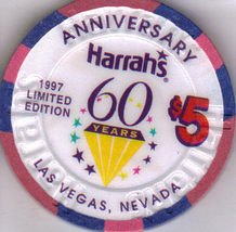 $5 60 Years Anniversary HARRAHS 1997 Ltd. Edt. Las Vegas Casino Chip - £11.77 GBP