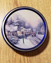 Premium Cookies Snowy Town Small Round Tin Container &amp; Lid Decorative Ol... - $8.90