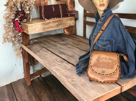 Handmade Purse Carmel Leather Unique Bag Boho 1970’s Lacing Embossed With Train - £47.69 GBP