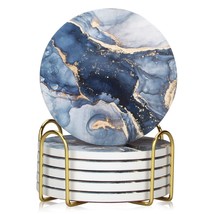 6 Pcs Navy Blue Marble Abstract Ceramic Coasters With Holder Best Absorbent Drin - £22.37 GBP