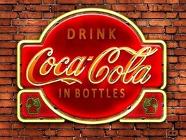 Metal Sign Image of Drink Coca-Cola in Bottles Neon on Brick Wall - £23.50 GBP