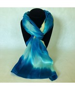 Hand Painted Silk Scarf Turquoise Seafoam Blue Green Cream Unique Rectan... - €48,63 EUR