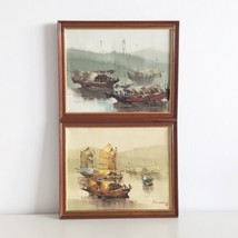Oil on Canvas Paintings, Harbour Scenes, F. E. Cheung, Vintage Chinese Art, Pair - £35.69 GBP