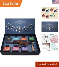 Elegant Wooden Dip Pen Set with Antique Brass Holder, Nibs and Multicolo... - $49.50